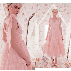 JessaKae Jeanne Pink Dotted Swiss Tulle Shoulder Bows Ankle Length Dress XL NWT